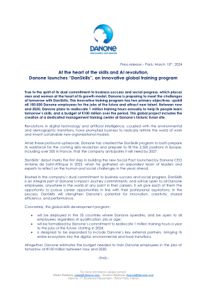 作为技能和人工智能革命的核心，达能推出了创新的全球培训计划“DanSkills”。达能秉承对商业成功和社会进步的双重承诺，将男性和女性置于其增长模式的核心，正准备通过 DanSkills 迎接未来的挑战。这项创新的培训计划有两个主要目标：提高所有 100,000 名达能员工的未来工作技能并吸引新的人才。从现在到 2030 年，达能计划每年重新分配 100 万小时的培训时间，帮助员工学习未来的技能，并在此期间投入 1 亿欧元的预算。这个全球项目包括在达能历史悠久的依云工厂建立一个专门的管理培训中心。数字技术和人工智能的革命，再加上环境和人口结构的变化，促使企业彻底重新思考工作世界并发明可持续的新组织模式。在这些深刻的动荡中，达能创建了 DanSkills 计划，既是为了让员工为即将到来的技能革命做好准备，也是为了填补公司预计到 2027 年将需要的欧洲 2,500 个职位（包括法国的 500 多个职位）。DanSkills 的首次亮相标志着建立新的社会契约的第一步，该契约由达能首席执行官 Antoine de Saint-Affrique 于 2023 年发起，当时他召集了一支由领导者和专家组成的扩大团队，以反思未来几年的人类和社会挑战。DanSkills 植根于公司对商业成功和社会进步的双重承诺，是达能影响力之旅承诺不可或缺的一部分，并将向世界各地的所有达能员工开放，无论他们处于职业生涯的任何阶段。它将让每个人都有机会根据自己的职业抱负寻求职业机会。在此过程中，DanSkills 将增强达能的创新、创造力、共享效率和绩效潜力。具体来说，这项全球技能发展计划：